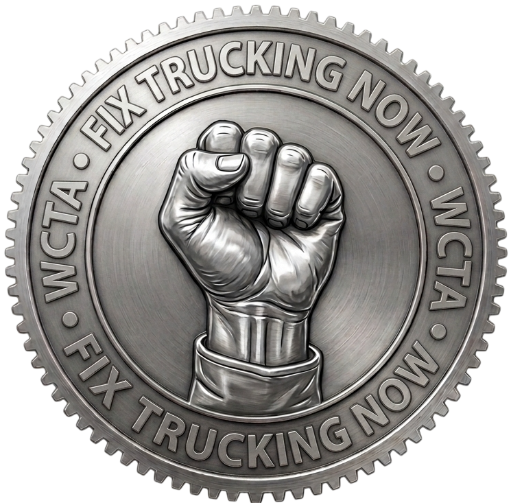 Fix Trucking Now — WCTA. A metal badge showing a raised fist.